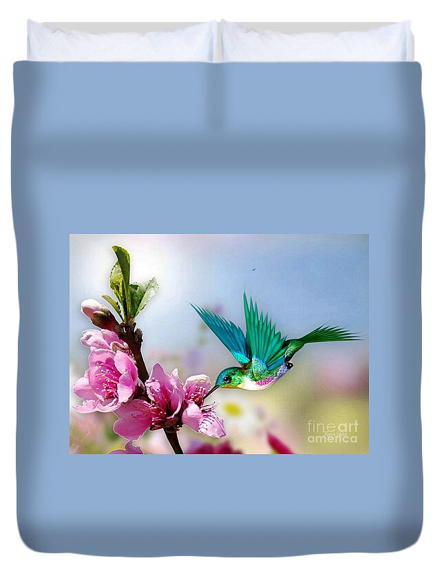 Hummingbird Duvet Cover featuring the mixed media Pretty Hummingbird by Morag Bates