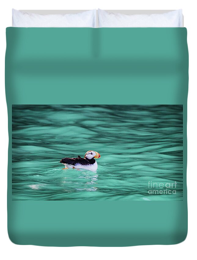 Puffin Duvet Cover featuring the photograph Puffin in Resurrection Bay, Alaska by Lyl Dil Creations