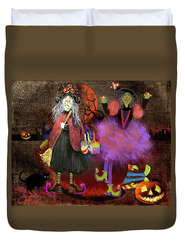 Halloween Duvet Cover featuring the mixed media Pumkinella and Flufnella by Colleen Taylor