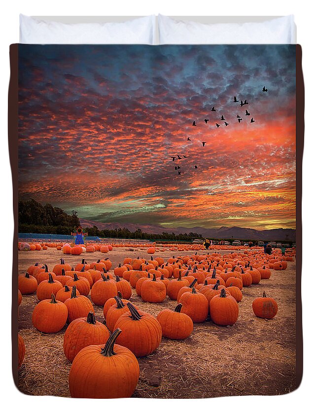 Harvest Duvet Cover featuring the photograph Pumpkin Harvest Sunset by Lynn Bauer