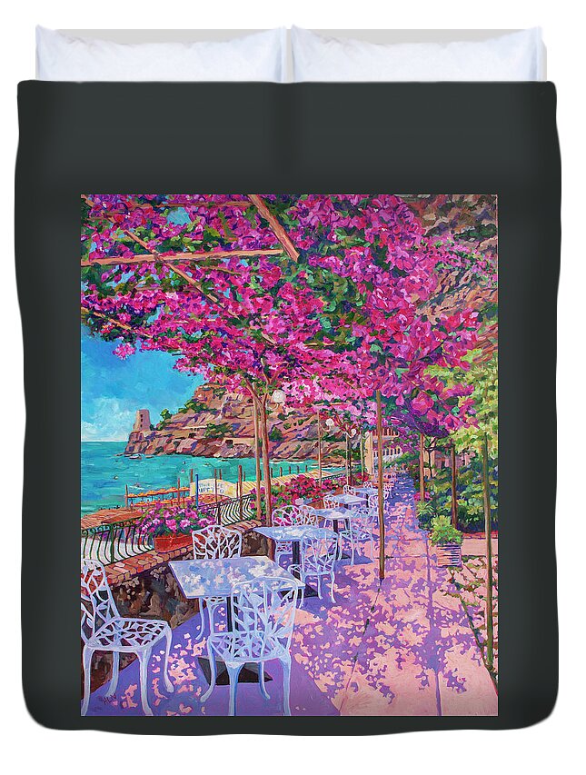 Cafe Duvet Cover featuring the painting Pupetto's Cafe, Positano, Italy by Heather Nagy