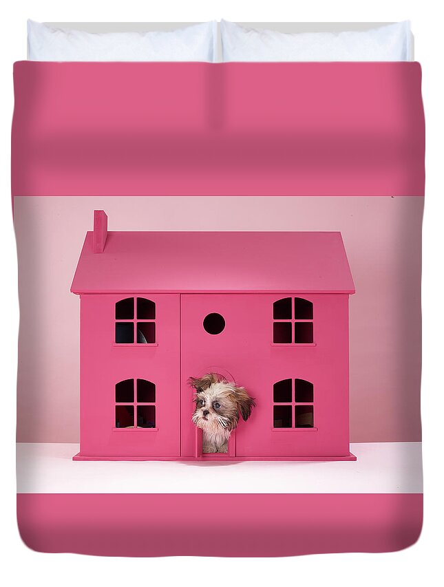 Pets Duvet Cover featuring the photograph Puppy Peering Out Of Dolls House by Martin Poole