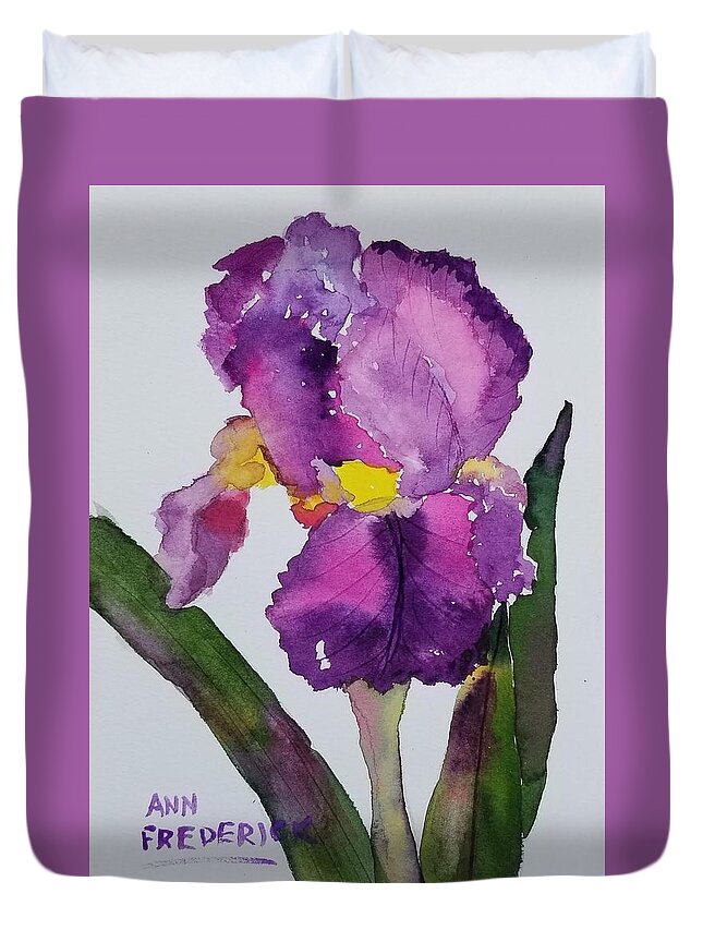 Purple Duvet Cover featuring the painting Purple Bearded Iris by Ann Frederick