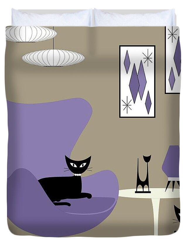 Mid Century Modern Duvet Cover featuring the digital art Purple Egg Chair with Cats by Donna Mibus