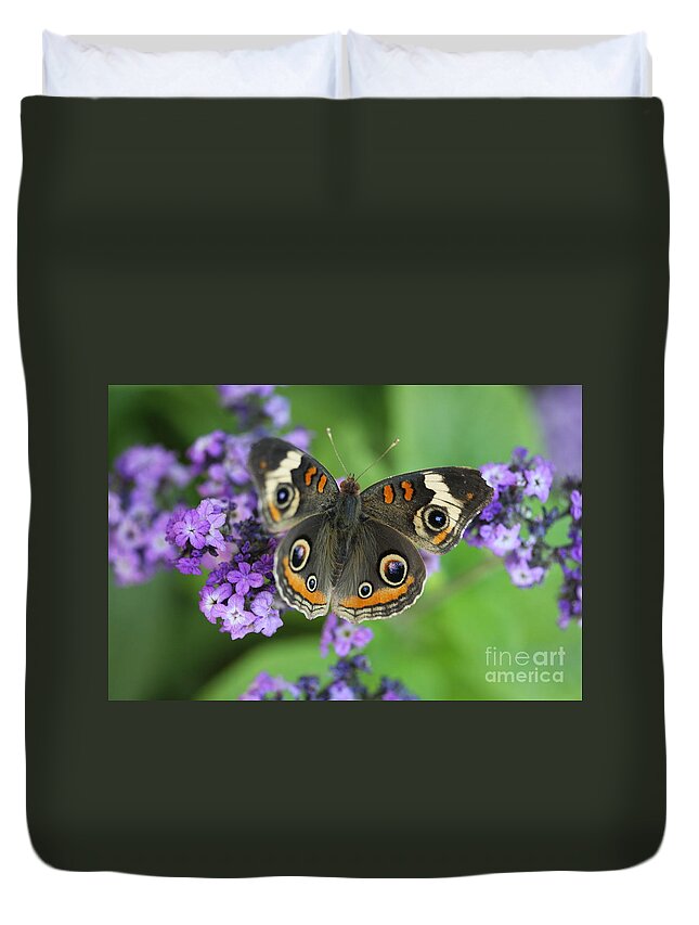 Buckeye Butterfly With Purple Flowers Duvet Cover featuring the photograph Purple Flowers and Butterfly by Terri Brewster