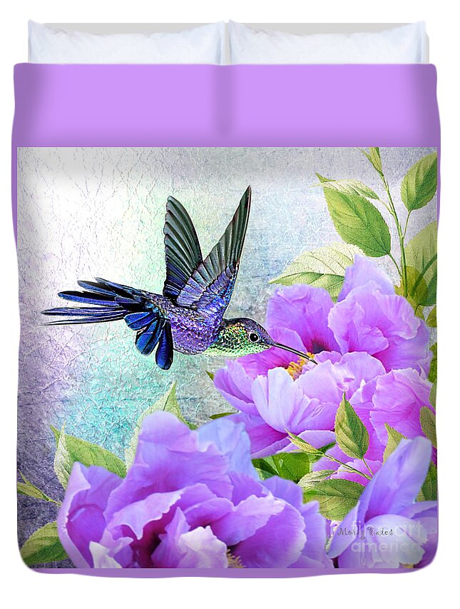 Humming Bird On Flowers Duvet Cover featuring the digital art Purple Pleasure by Morag Bates