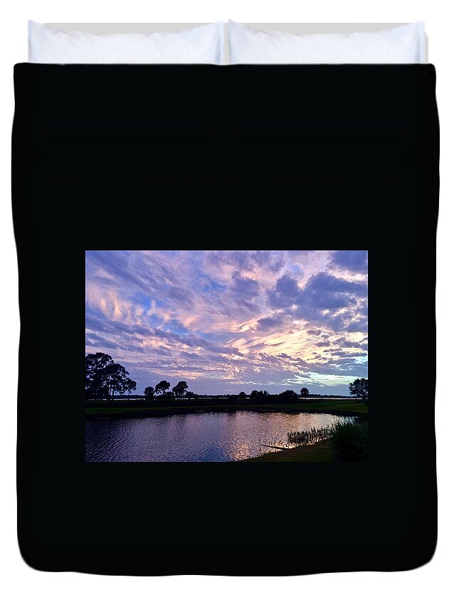 Sunset Duvet Cover featuring the photograph Purple Skies Over Water by Kathy Ozzard Chism