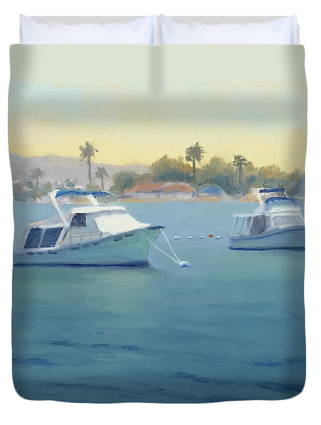 Boats Duvet Cover featuring the painting Quiet Harbor by Sandy Fisher