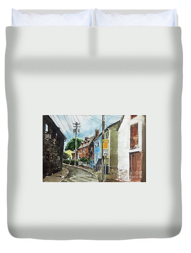 A Small Narrow Street In Annapolis Duvet Cover featuring the painting Quiet Please by Monte Toon