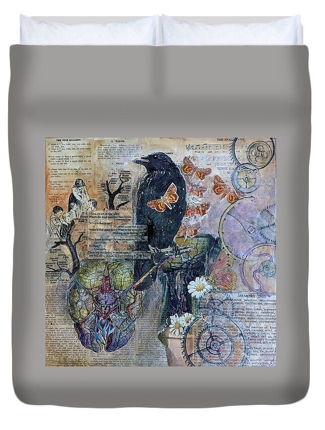 Surreal Duvet Cover featuring the mixed media Quoth the Raven by Jillian Goldberg