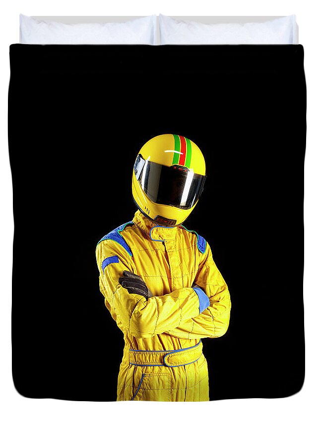 Sports Helmet Duvet Cover featuring the photograph Racing Driver Standing Proud On Black by Tom And Steve
