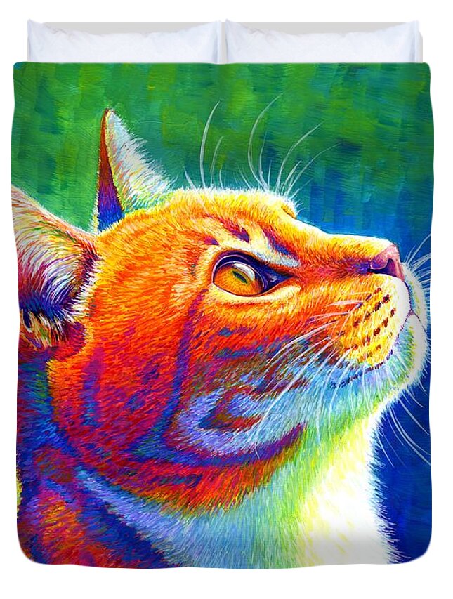 Cat Duvet Cover featuring the painting Anticipation - Psychedelic Rainbow Tabby Cat by Rebecca Wang