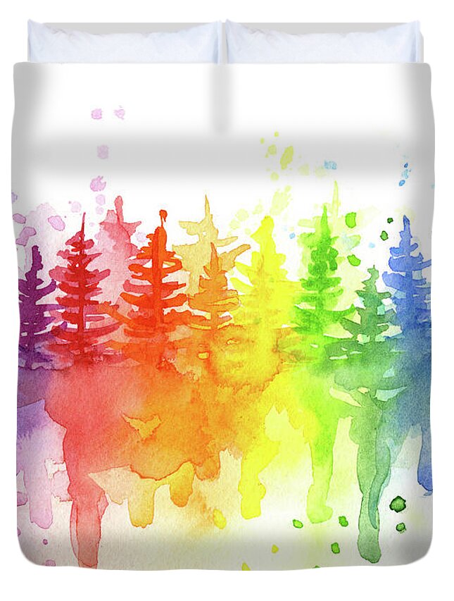 Forest Duvet Cover featuring the painting Rainbow Forest by Olga Shvartsur