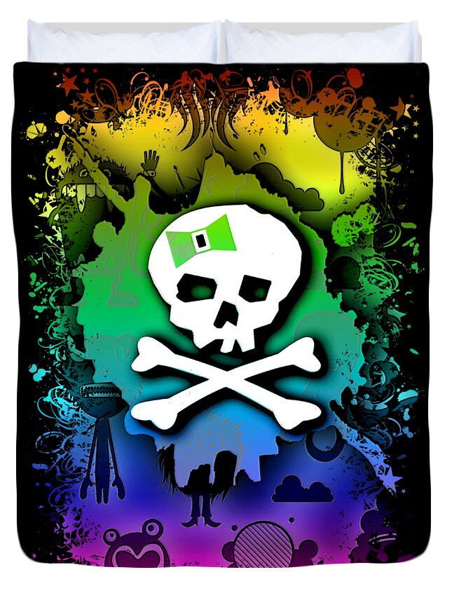 Kawaii Duvet Cover featuring the digital art Rainbow Kawaii Skull by Roseanne Jones