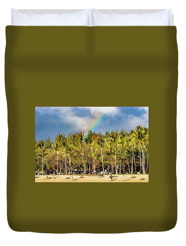 Oahu Duvet Cover featuring the photograph Rainbow over Waikiki by Anthony Jones