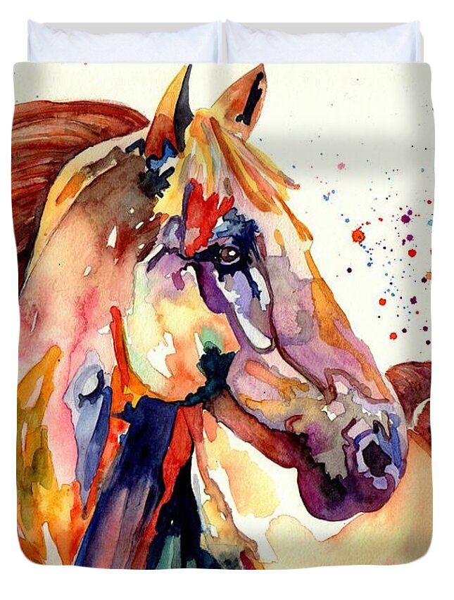 Watercolor Duvet Cover featuring the painting Rainy Horse by Suzann Sines