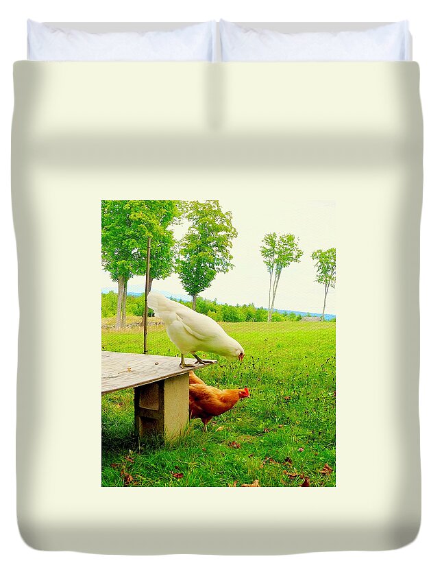 Chickens Duvet Cover featuring the photograph Ready, Get Set, GO by Alida M Haslett