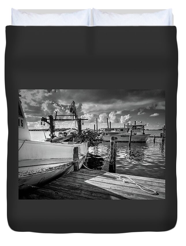 Boat Duvet Cover featuring the photograph Ready To Go in BW by Doug Camara