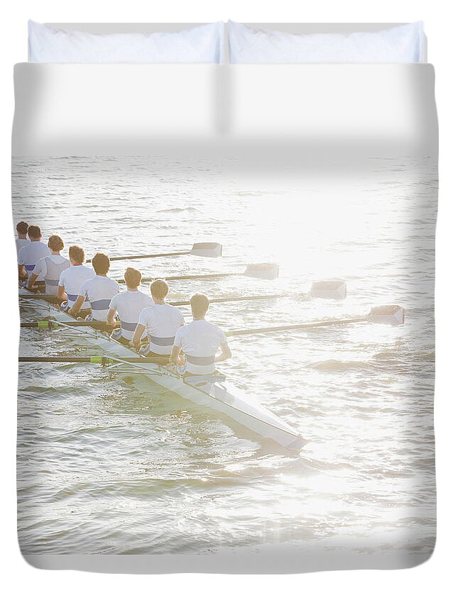 Young Men Duvet Cover featuring the photograph Rear View Of People Sitting In A Canoe by Clerkenwell