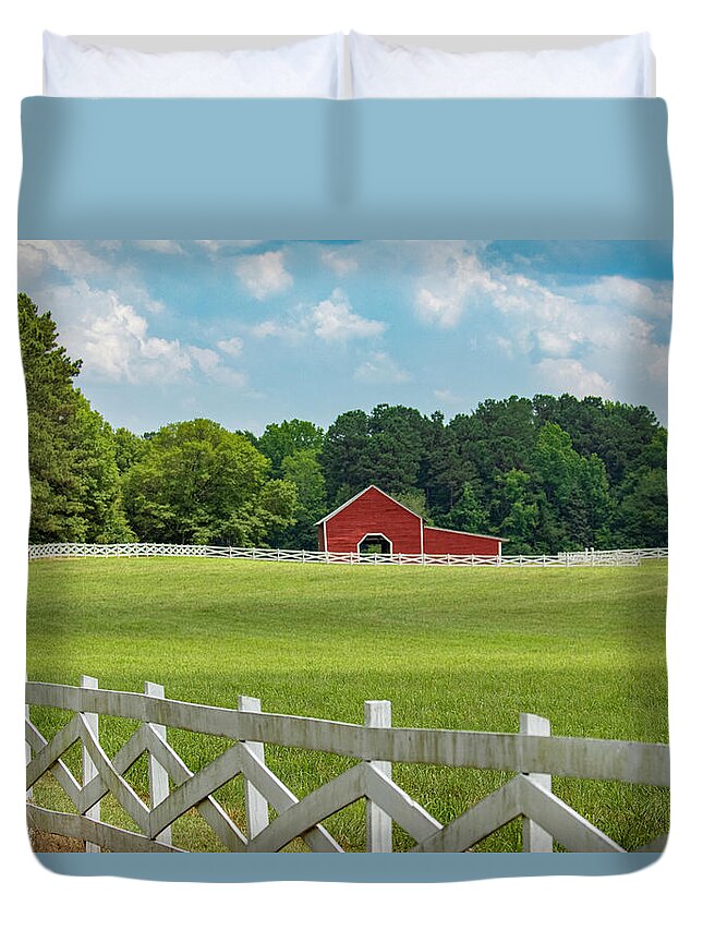 Red Duvet Cover featuring the photograph Red Barn and White Fence 2019-05 02 by Jim Dollar