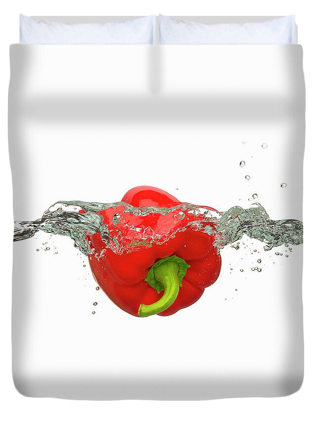 White Background Duvet Cover featuring the photograph Red Bell Pepper In Water by Don Farrall
