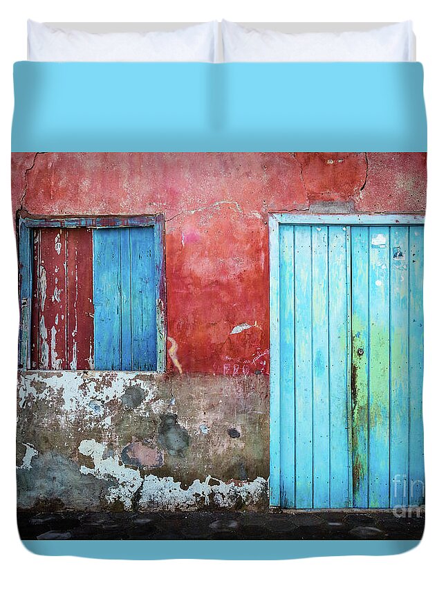 Wall Duvet Cover featuring the photograph Red, blue and grey wall, door and window by Lyl Dil Creations