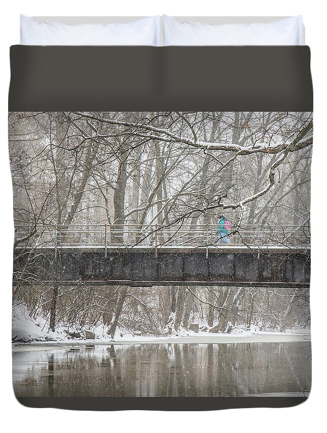 Big Ten Duvet Cover featuring the photograph Red Cedar River Michigan State Winter by John McGraw