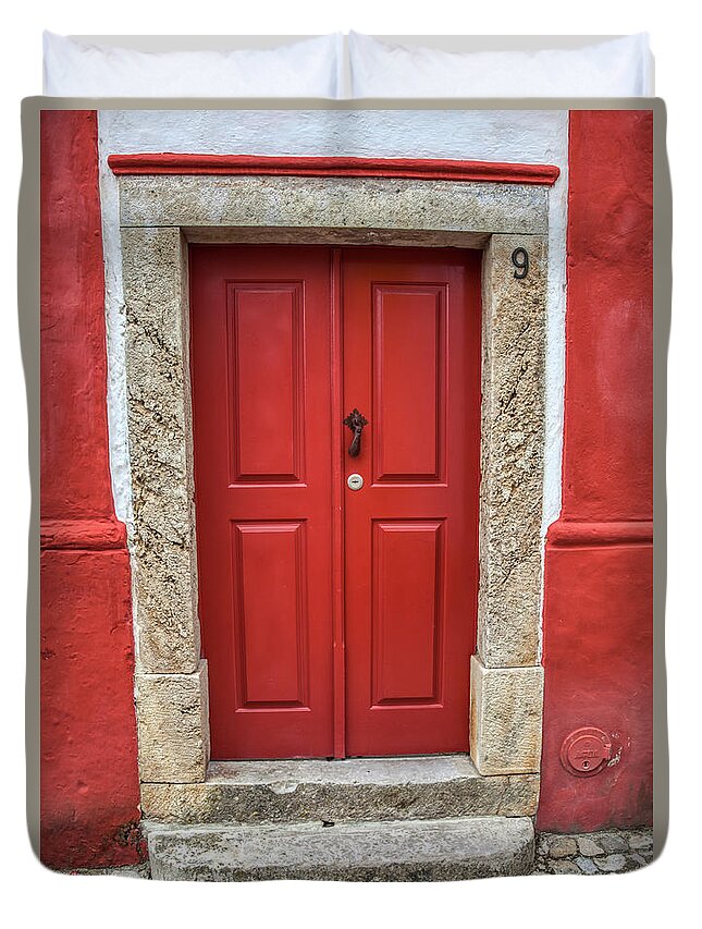 Door Duvet Cover featuring the photograph Red Door Nine of Obidos by David Letts