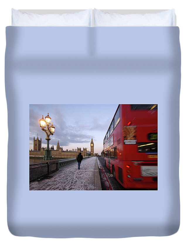 Clock Tower Duvet Cover featuring the photograph Red Double Decker Bus On Westminster by Lovattpics