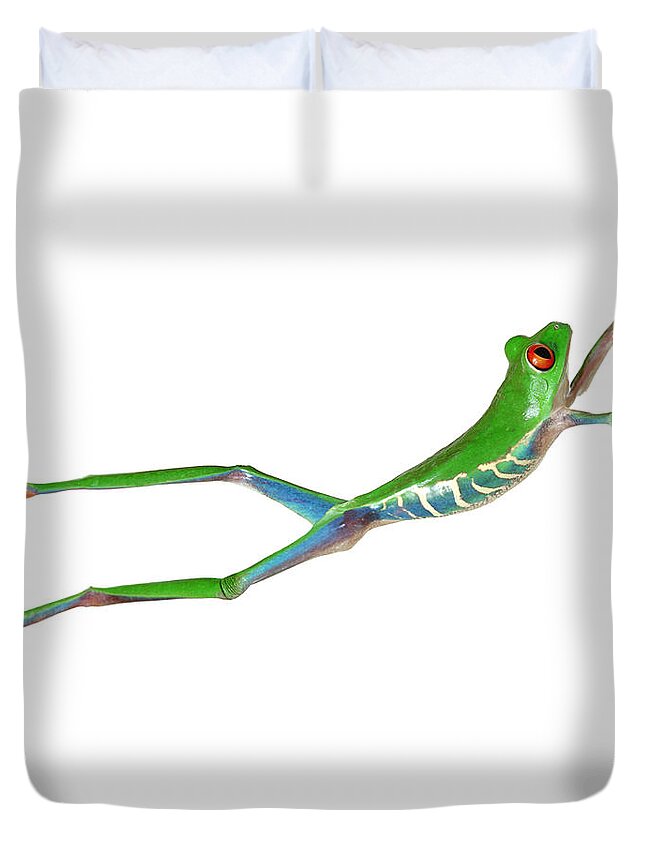 Orange Color Duvet Cover featuring the photograph Red Eyed Tree Frog Jumping by Design Pics