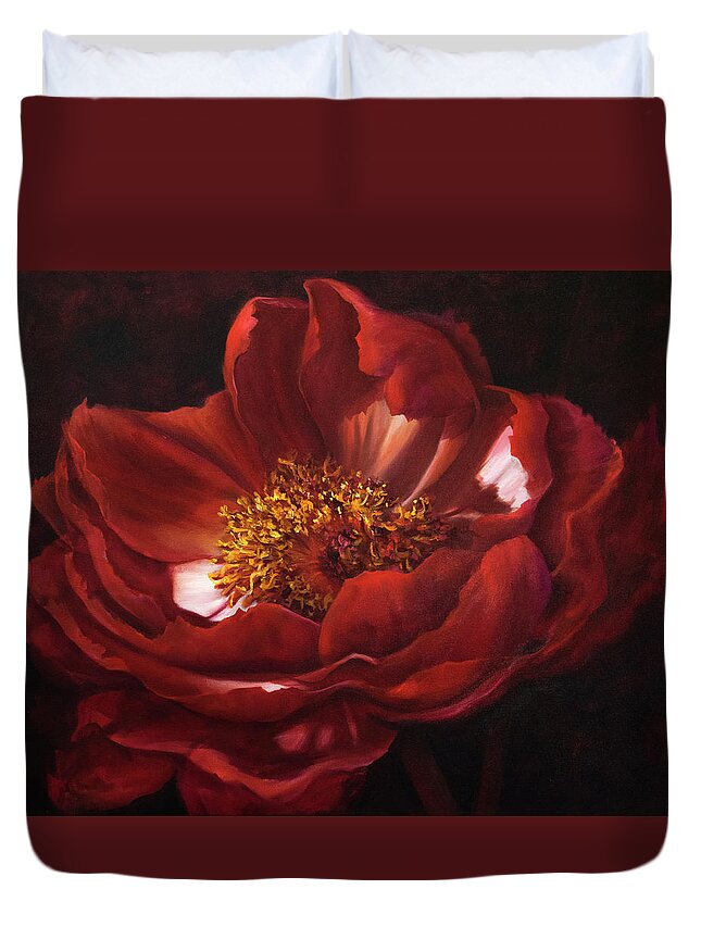 Red Flower Duvet Cover featuring the painting Red Peonie Macro Painting by Lynne Pittard