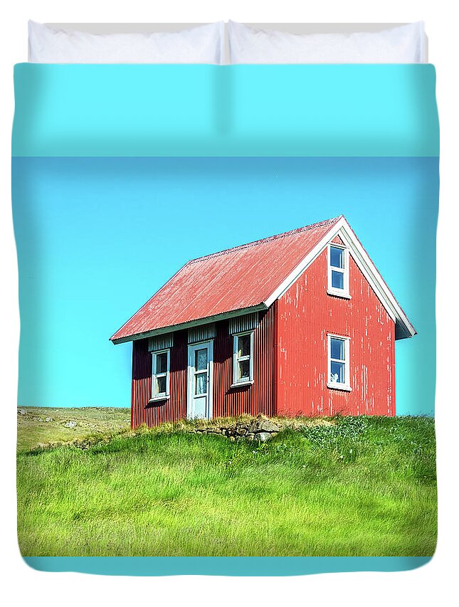 Red House Duvet Cover featuring the photograph Red House Green Grass Blue Sky by Pierre Leclerc Photography