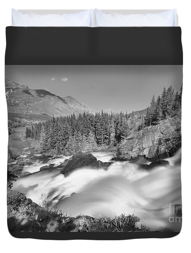 Red Rock Falls Duvet Cover featuring the photograph Red Rock Falls Spring Gusher Black And White by Adam Jewell