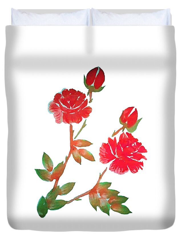 Red Duvet Cover featuring the painting Red Rose Watercolor Transparent Background by Delynn Addams