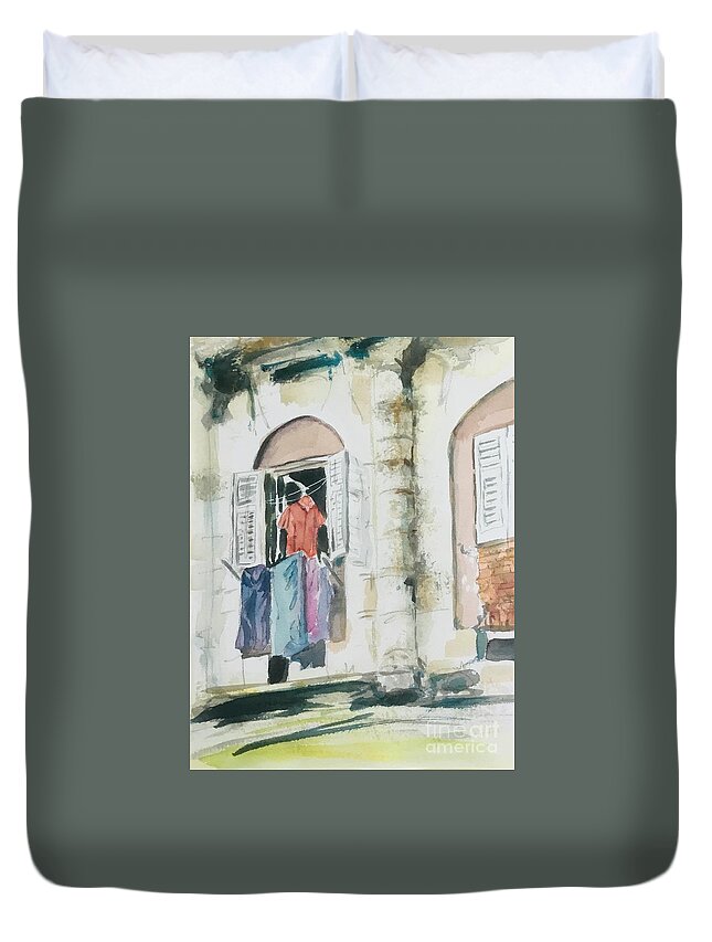 Laundry Duvet Cover featuring the painting Red shirt on the Laundry line by Sonia Mocnik