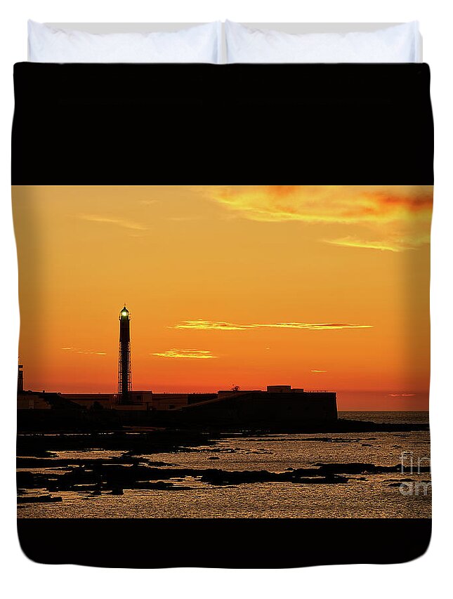 Island Duvet Cover featuring the photograph Red Sky at Dusk Saint Sebastian Castle and Lighthouse by Pablo Avanzini