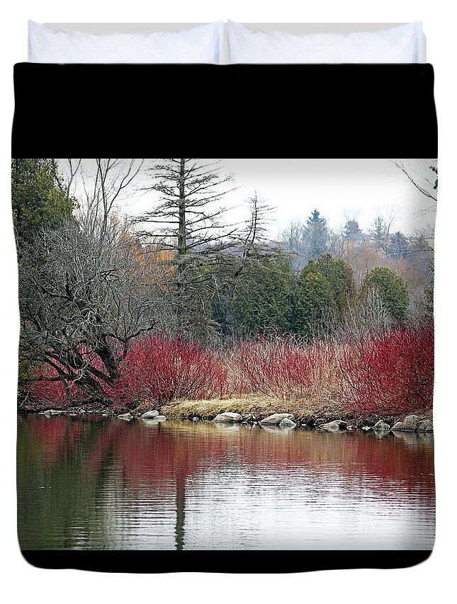 Guelph Duvet Cover featuring the photograph Red Splash On Pond Early Spring by Debbie Oppermann
