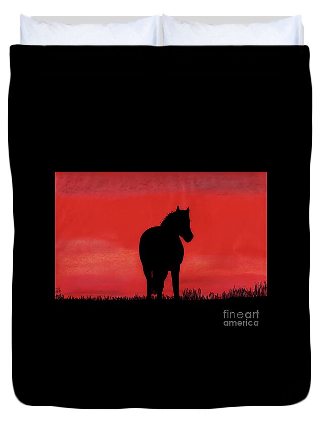 Horse Duvet Cover featuring the drawing Red Sunset Horse by D Hackett