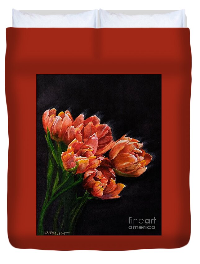 Still Life Duvet Cover featuring the painting Red Tulips by Jeanette Ferguson
