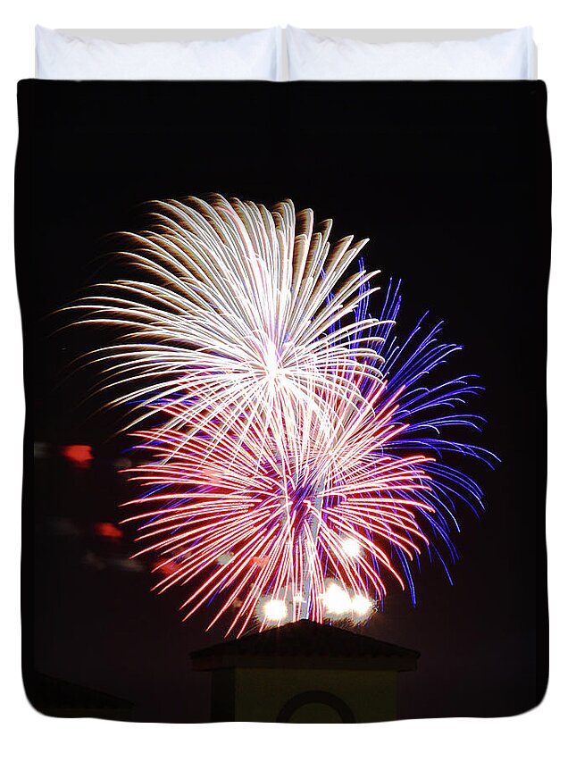 Fireworks Duvet Cover featuring the photograph Red, White and Blue Fireworks over Las Cruces, New Mexico by Chance Kafka
