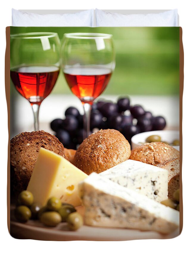 Cheese Duvet Cover featuring the photograph Red Wine Whit Cheese And Olives by Jasmina007