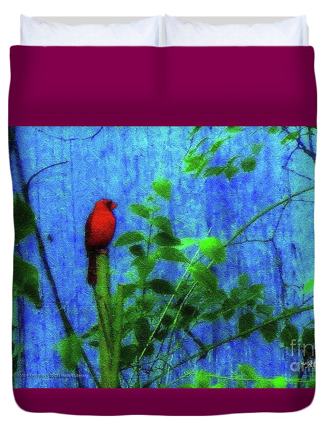 Earth Day Duvet Cover featuring the photograph Redbird Enjoying the Clarity of a Blue and Green Moment by Aberjhani