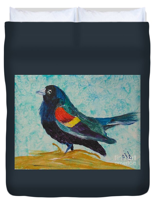 Red Duvet Cover featuring the painting Redwinged Blackbird by Saundra Johnson
