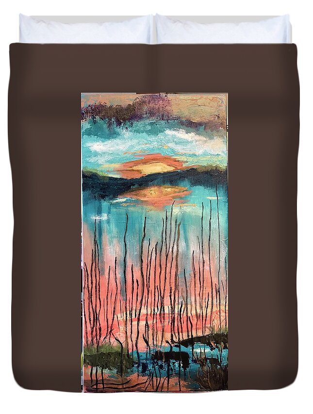 Water Duvet Cover featuring the painting Reeds at sunset by Laura Jaffe