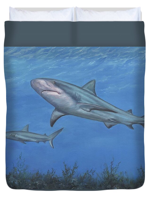 Shark Duvet Cover featuring the painting Reef Shark by David Stribbling