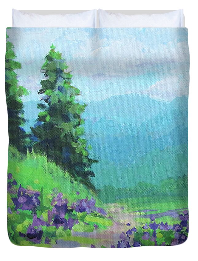 Cool Duvet Cover featuring the painting Refreshing - a cool, colorful landscape painting by Karen Ilari