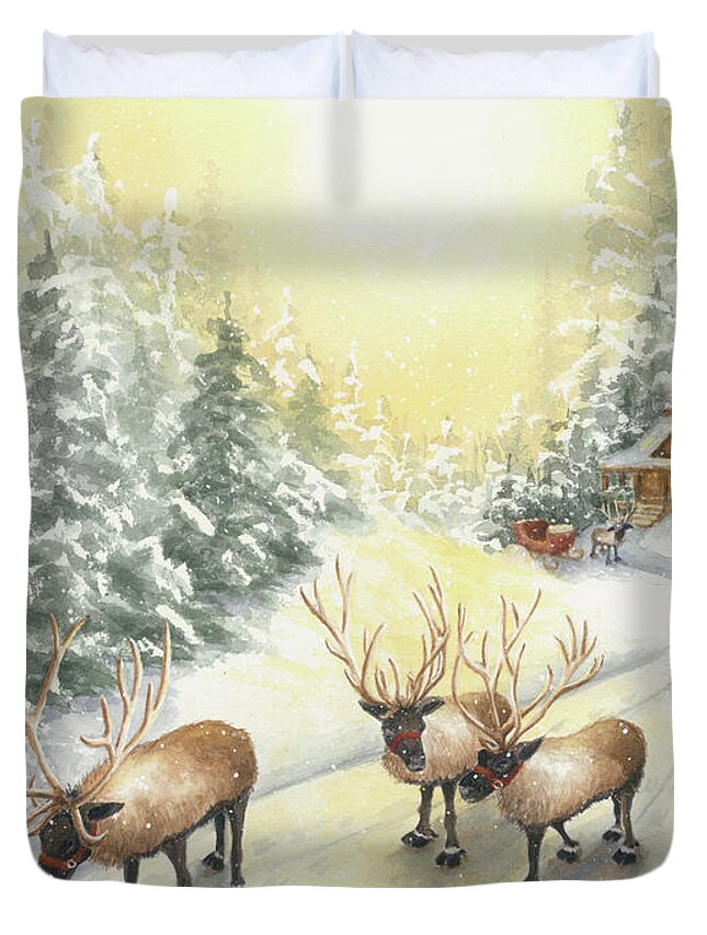 Reindeer Duvet Cover featuring the painting Hoofing It Under the Midnight Sun by Lori Taylor