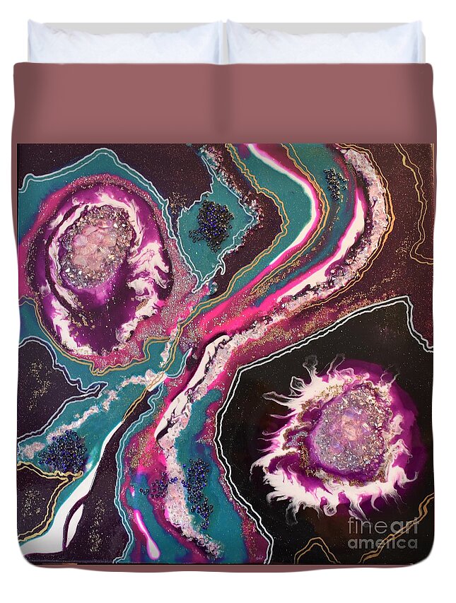 Geode Duvet Cover featuring the mixed media Resin Geode-45 by Monika Shepherdson