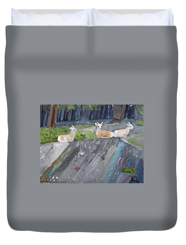 Mountain Sheep Duvet Cover featuring the painting Resting by Linda Feinberg