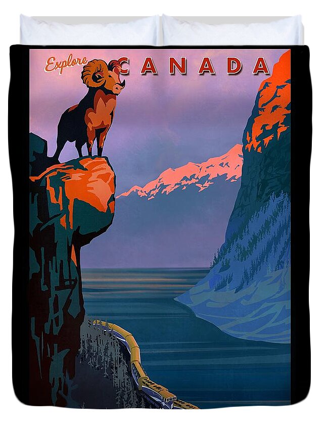 Retro Travel Poster Duvet Cover featuring the photograph Retro Explore Canada train travel poster by Sassan Filsoof